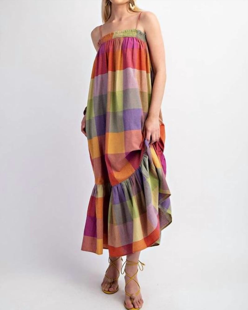 Front of a model wearing a size L Cotton Checkered Dress In Multi in Multi by GiGiO. | dia_product_style_image_id:350615